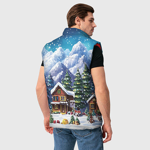 Мужской жилет Дома в зимнем новогоднем пейзаже / 3D-Красный – фото 4