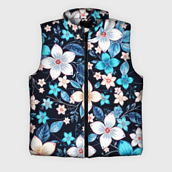 Мужской жилет Сине-белые цветы на чёрном фоне, цвет: 3D-светло-серый