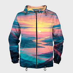 Ветровка с капюшоном мужская Извилистая река закат природа, цвет: 3D-черный