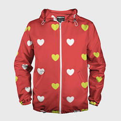 Ветровка с капюшоном мужская Сердечки на красном паттерн, цвет: 3D-белый