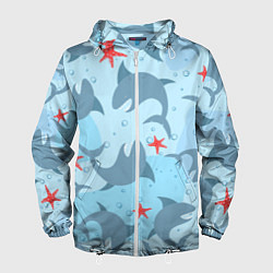 Ветровка с капюшоном мужская Акулы паттерн, цвет: 3D-белый