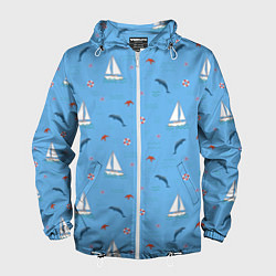Ветровка с капюшоном мужская Море, дельфины, парусник, цвет: 3D-белый