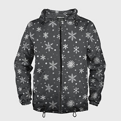Ветровка с капюшоном мужская Белые снежинки на сером фоне, цвет: 3D-черный
