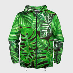 Ветровка с капюшоном мужская Тропические листья на темном фоне, цвет: 3D-черный