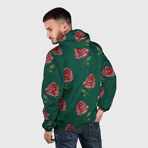 Мужская ветровка Ярко красные розы на темно-зеленом фоне / 3D-Черный – фото 4