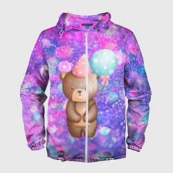 Ветровка с капюшоном мужская День Рождения - Медвежонок с шариками, цвет: 3D-белый