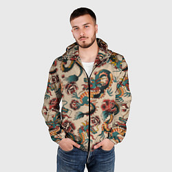 Ветровка с капюшоном мужская Мифические японские драконы, цвет: 3D-черный — фото 2