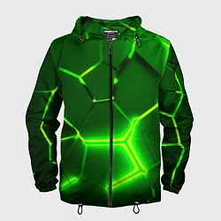 Ветровка с капюшоном мужская 3D ПЛИТЫ НЕОН NEON GREEN HEXAGON РАЗЛОМ, цвет: 3D-черный