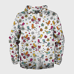 Ветровка с капюшоном мужская Птицы и цветы Разноцветный узор в дудл стиле, цвет: 3D-белый