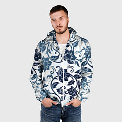 Ветровка с капюшоном мужская Гжелевые цветы, цвет: 3D-белый — фото 2