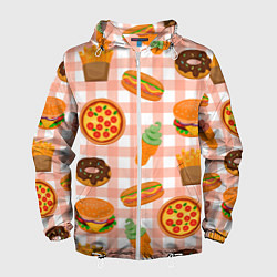 Ветровка с капюшоном мужская PIZZA DONUT BURGER FRIES ICE CREAM pattern, цвет: 3D-белый