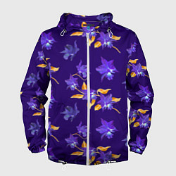 Ветровка с капюшоном мужская Цветы Фиолетовые Ирисы На Синем Фоне, цвет: 3D-белый