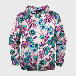 Ветровка с капюшоном мужская Цветы Летние Фиолетовые Рудбеки, цвет: 3D-белый