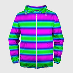 Ветровка с капюшоном мужская Зеленый и фиолетовые яркие неоновые полосы striped, цвет: 3D-белый
