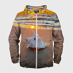 Ветровка с капюшоном мужская Ракушка на песочном берегу тихого океана, цвет: 3D-белый