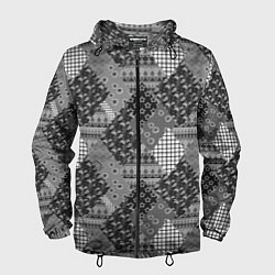 Ветровка с капюшоном мужская Black and White Ethnic Patchwork Pattern, цвет: 3D-черный