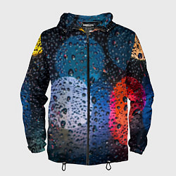 Ветровка с капюшоном мужская Разноцветные огни сквозь дождевое стекло, цвет: 3D-черный