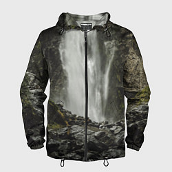 Ветровка с капюшоном мужская Водопад между скал, цвет: 3D-черный