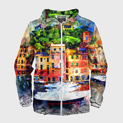 Ветровка с капюшоном мужская Картина красочный город, цвет: 3D-белый
