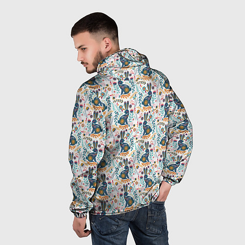 Мужская ветровка Новогодний паттерн - Кролики и веточки / 3D-Белый – фото 4