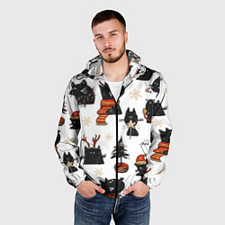Ветровка с капюшоном мужская Черные котики новогодний узор, цвет: 3D-черный — фото 2