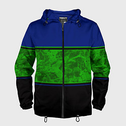 Ветровка с капюшоном мужская Синие, неоновые зеленые мраморные и черные полосы, цвет: 3D-черный