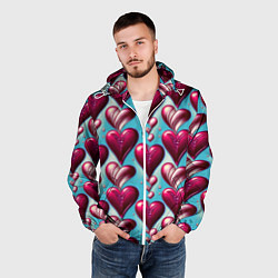 Ветровка с капюшоном мужская Паттерн красные абстрактные сердца, цвет: 3D-белый — фото 2