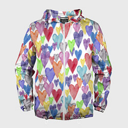 Ветровка с капюшоном мужская Разноцветные сердечки Калейдоскоп, цвет: 3D-белый