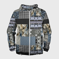 Ветровка с капюшоном мужская Серо-оливковый паттерн в народном русском стиле, цвет: 3D-белый