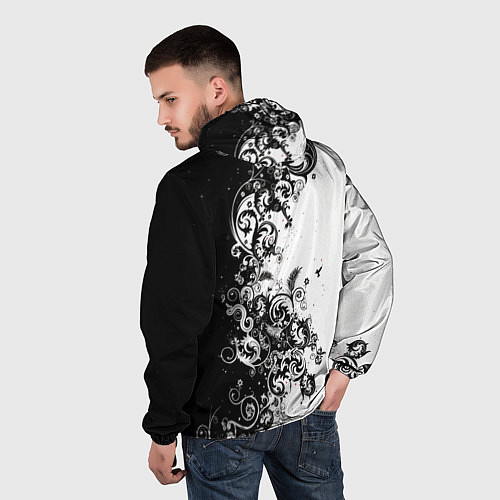 Мужская ветровка Черно-белая птица среди узорчатых цветов / 3D-Белый – фото 4