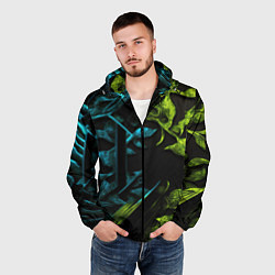Ветровка с капюшоном мужская Зеленые и синие абстрактные листья, цвет: 3D-черный — фото 2