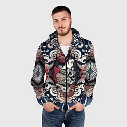 Ветровка с капюшоном мужская Irezumi style: девушка и синие узоры, цвет: 3D-черный — фото 2