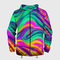 Ветровка с капюшоном мужская Градиентные цветные волны, цвет: 3D-черный