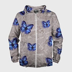 Ветровка с капюшоном мужская Газетные обрывки и синие бабочки, цвет: 3D-белый