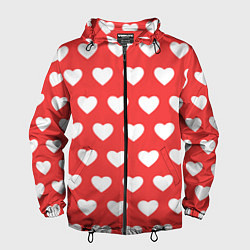 Ветровка с капюшоном мужская Сердечки на красном фоне, цвет: 3D-черный