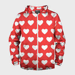 Ветровка с капюшоном мужская Сердечки на красном фоне, цвет: 3D-белый