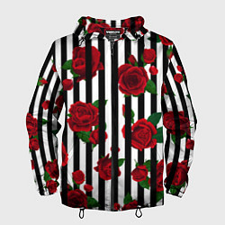 Ветровка с капюшоном мужская Полосы и красные розы, цвет: 3D-черный