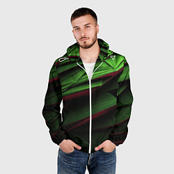 Ветровка с капюшоном мужская Зеленые абстрактные полосы, цвет: 3D-белый — фото 2