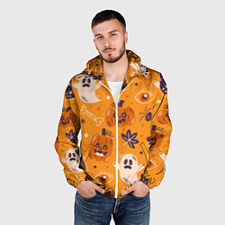 Ветровка с капюшоном мужская Хэллоуин - тыквы и приведенья, цвет: 3D-белый — фото 2
