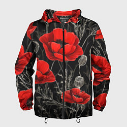 Ветровка с капюшоном мужская Красные маки на темном фоне, цвет: 3D-черный