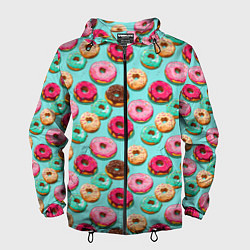 Ветровка с капюшоном мужская Разноцветные пончики паттерн, цвет: 3D-черный