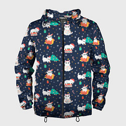 Ветровка с капюшоном мужская Pattern with new years cats, цвет: 3D-черный