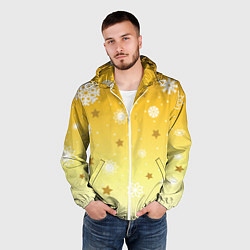 Ветровка с капюшоном мужская Снежинки и звезды на желтом, цвет: 3D-белый — фото 2
