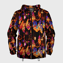 Ветровка с капюшоном мужская Ловцы снов с яркими перьями, цвет: 3D-черный