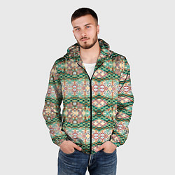 Ветровка с капюшоном мужская Орнамент зеленый мелкий икат, цвет: 3D-черный — фото 2