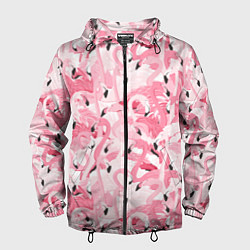 Ветровка с капюшоном мужская Стая розовых фламинго, цвет: 3D-черный