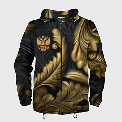 Ветровка с капюшоном мужская Золотой узор и герб России, цвет: 3D-черный