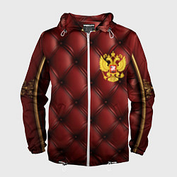 Ветровка с капюшоном мужская Золотой герб России на красном кожаном фоне, цвет: 3D-белый