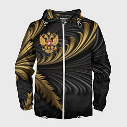 Ветровка с капюшоном мужская Герб России черный и золотой фон, цвет: 3D-белый