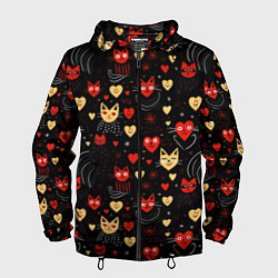 Ветровка с капюшоном мужская Паттерн с сердечками и котами валентинка, цвет: 3D-черный